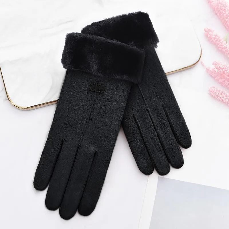 Winter Female Cashmere Warm Suede Leather Cycling Mittens Double Thick Velvet Plush Wrist Women Touch Screen Driving Gloves