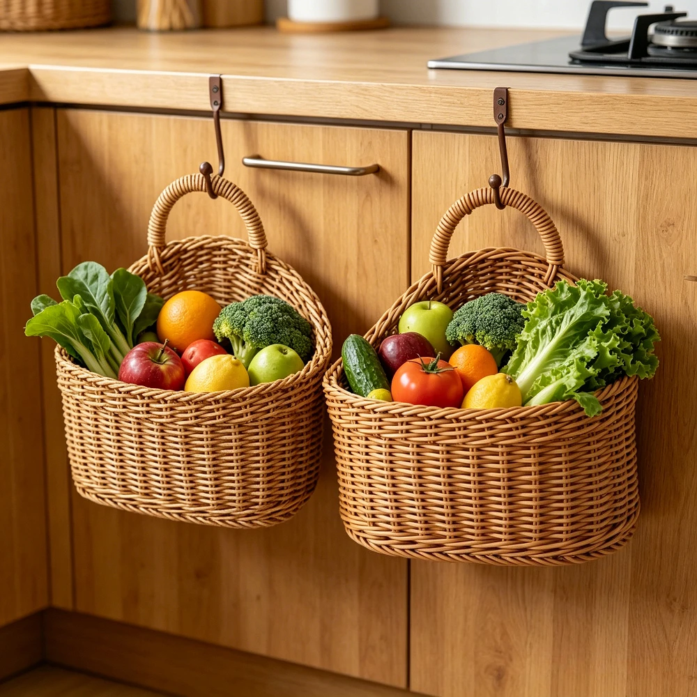 Hand Woven Hanging Rattan Storage Basket Christmas Wall Decor Organizer for Kitchen Bathroom Nursery Closet Cafe Flower Planter view 5