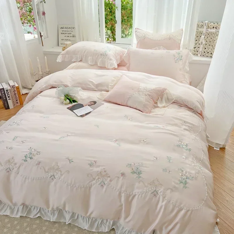 Luxury Flowers Embroidery Lace Ruffles Princess Bedding Set 800TC Lyocell Fibre Soft Silky Duvet Cover Bed Sheet Pillowcases