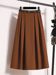 Plus Size Skirt Women 2024 Autumn Winter High Waist A Line Long Skirt With Belt Korean Style Pleated Maxi Skirts Womens Hot Sale