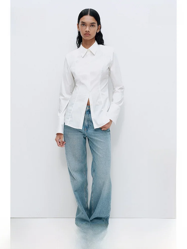 

Женская приталенная рубашка H&M с длинным рукавом, летняя, для повседневной носки, с отложным воротником, с подплечниками, шелковый дизайн, повседневный стиль 1230661