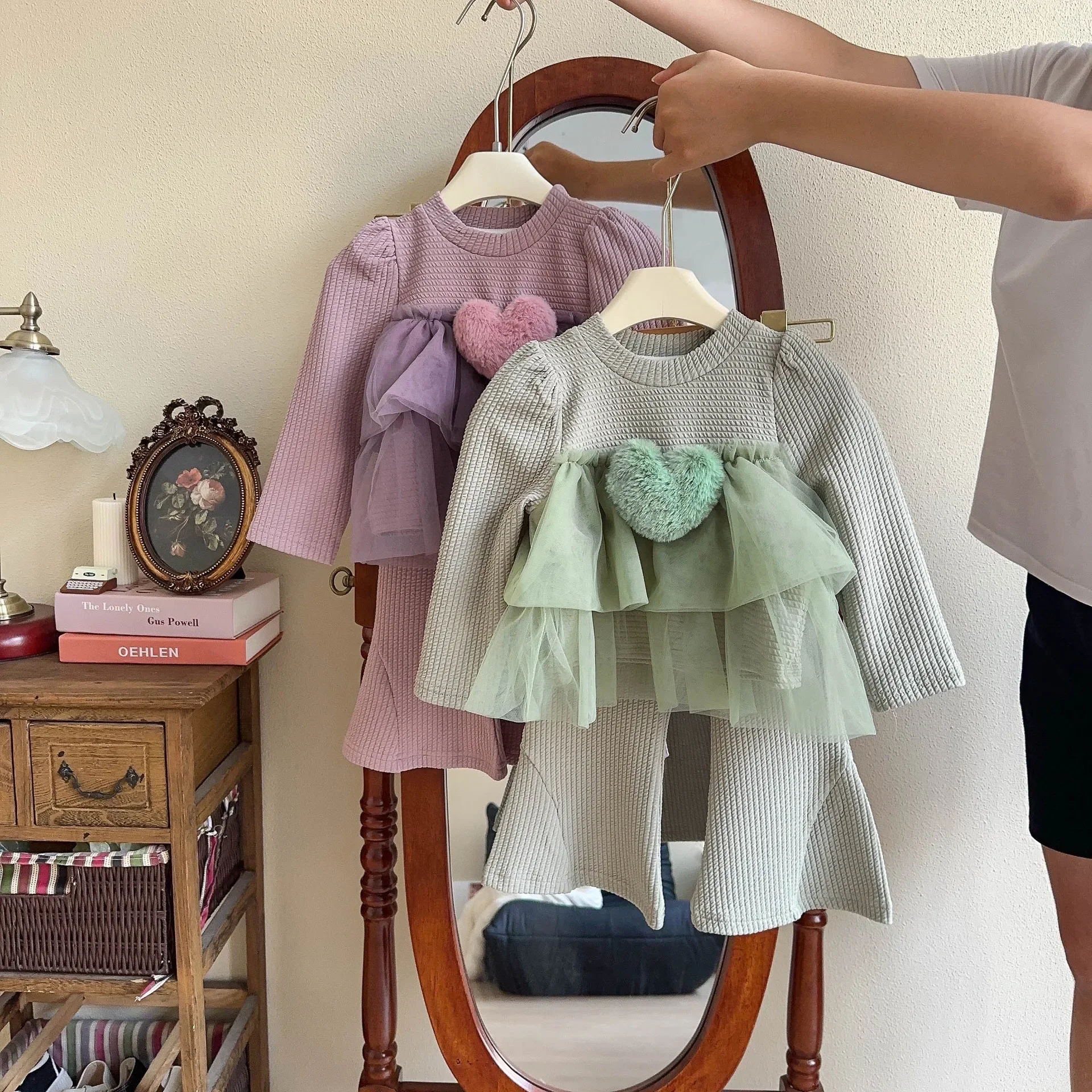 

Two-piece Set for Girls Plush Love Heart Splice Gauze Slat Jacket+loose Pants Kids Clothes Girls Kids Boutique Clothes