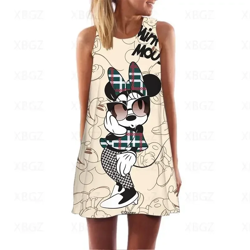 

Summer Dresses Woman 2024 Loose Minnie Mouse Women Top Women's Dress Beach Boho Print Sleeveless Disney Sexy Cartoon Mickey 3XL