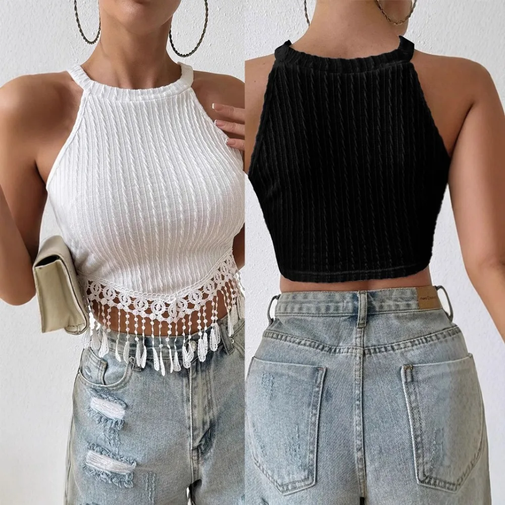 

Chic Tassel Hanging Neck Knitted Vest Woman Sleeveless Solid Color Slim Top Casual Versatile Women's Fashion Belly-baring Top
