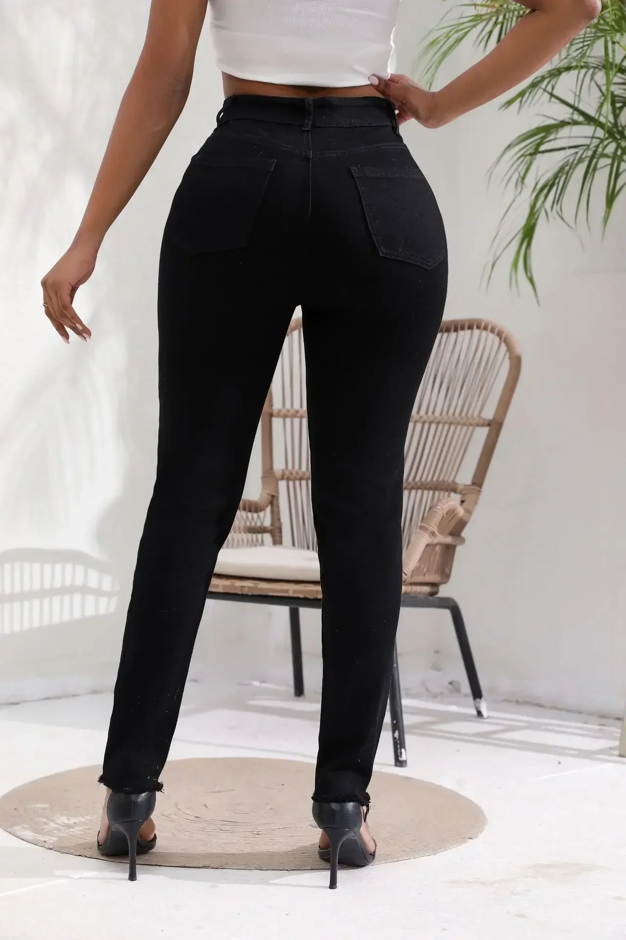 女性ジーンズデニムパンツハイウエストペンシルパンツ穴スリムフィットポケットセクシーなストリートソリッドシースユーズド加工足首丈 2025