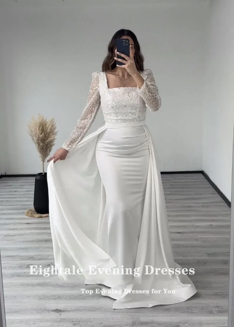 Eightale Evening Dresses with Detachable Skirt Sequined Long Sleeves Customized Mermaid Prom Wedding Party Gown Robes De soirée