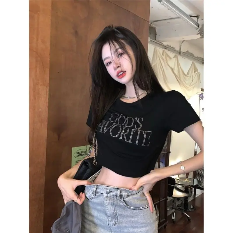 Summer New 2022 Round Neck Pullover Short Sleeve Letters Hot Drilling Navel Women's Top God's Favorite T-Shirt grunge clothes