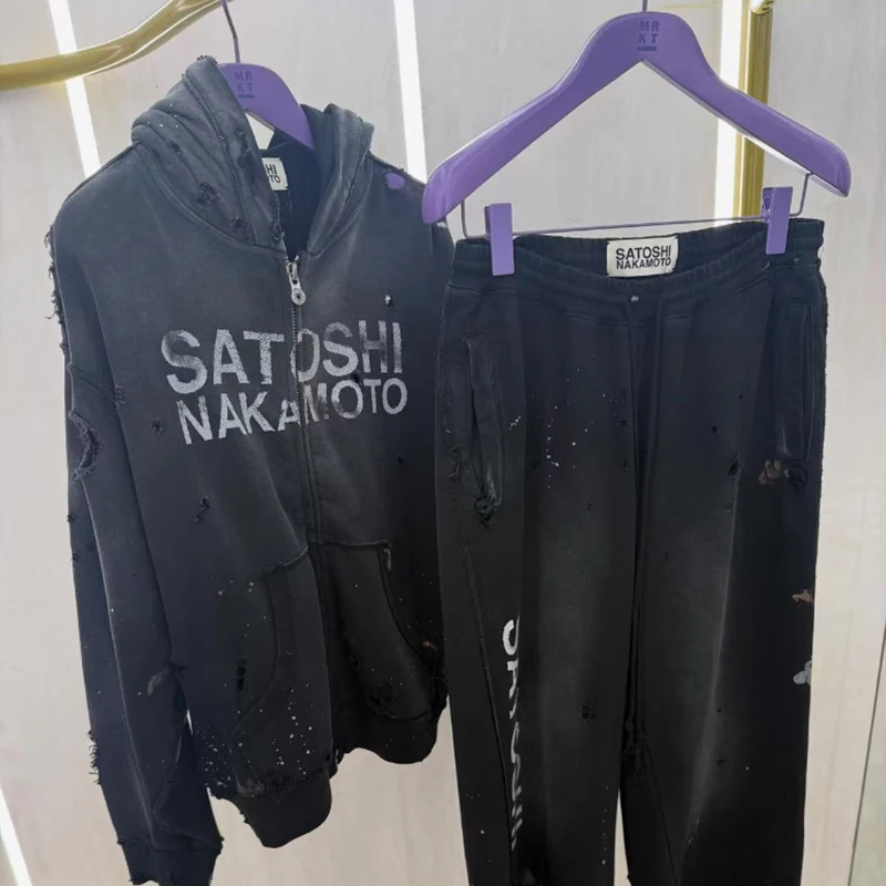 New Arrival SATOSHI NAKAMOTO Men's Elastic Waist Drawstring Sweatpants Black Ripped Paint Splatter Letter Street Pants