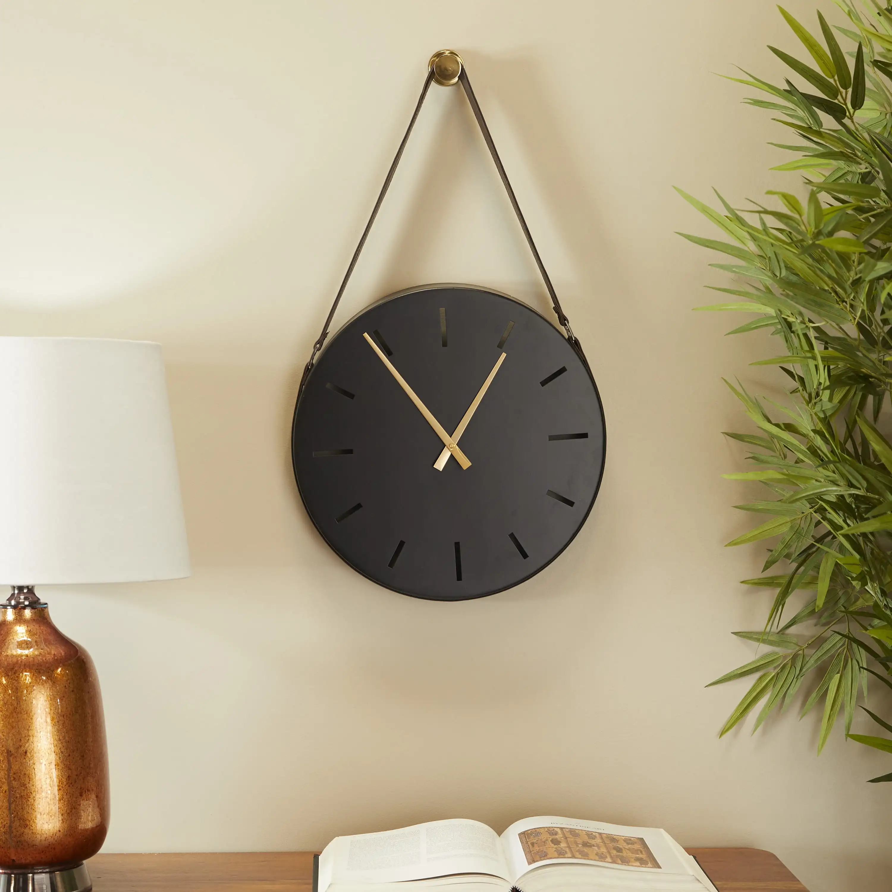 

16 Black Stainless Steel Wall Clock with Leather Hanging Straps