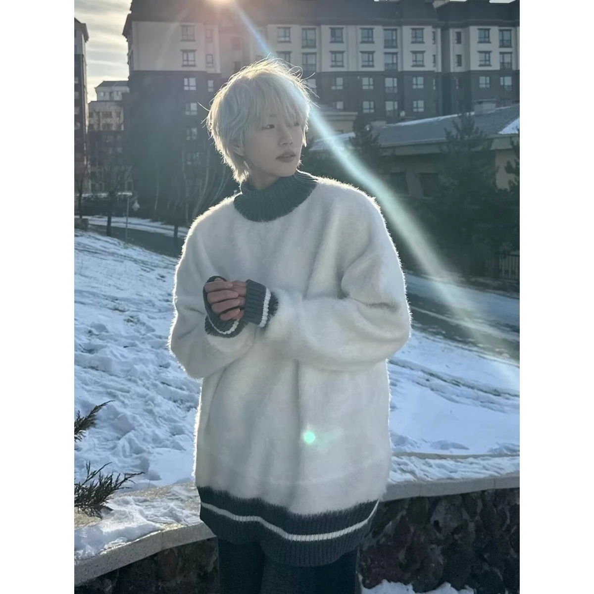 Herren Winter Faion Strickpullover mit hohem Kragen, Nerz-Samt, lockere Passform, Farbe Blo, flauschige Oberbekleidung, lässige Passform, Polyesterfaser