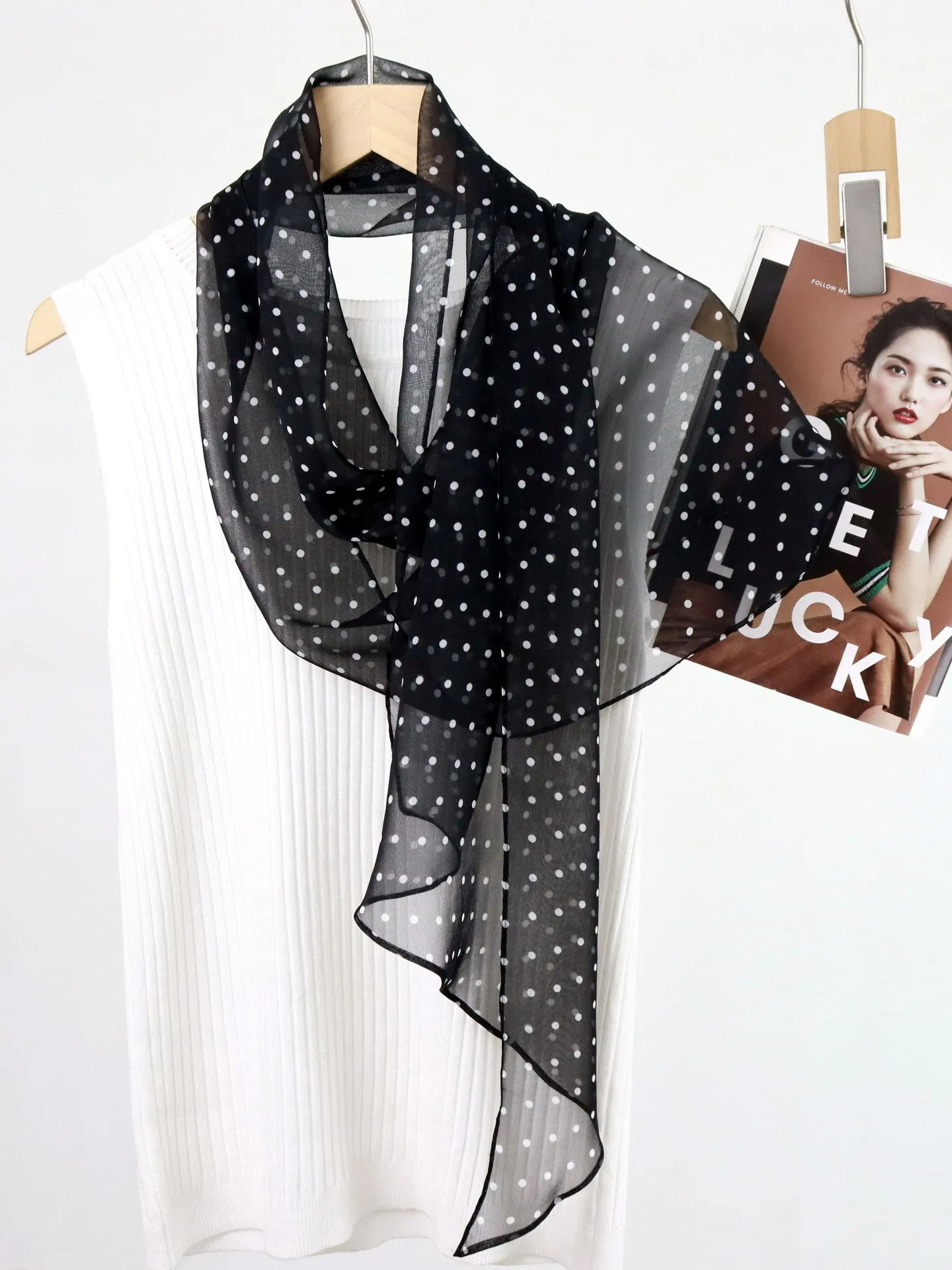 2026年春新作-水玉模様シルクスカーフ-レディース-本物のシルク-マルベリーシルク-軽量-ブラック-スカーフ-レディース-多機能ショール