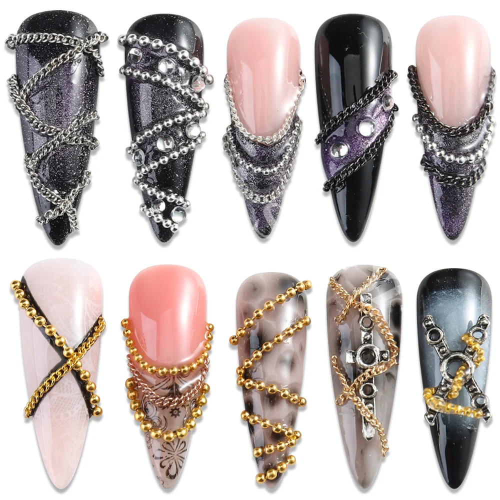 12-teiliges Set Metall-Nagelkunstketten Gold Silber Kaviar-Perlenketten Nagelstecker Charms 3D Punk Metallketten Maniküre Schmuck DIY Deko – Detail 5
