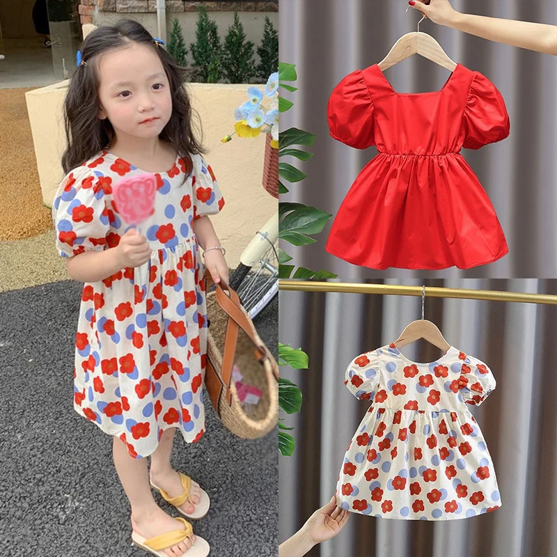 Korean Style Baby Girl Dresses Summer Children Kids Fashion Casual Cute Flower Printing Short-Sleeved Princess Dress Puffy Skirt