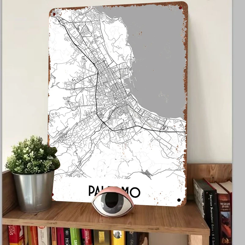 Palermo Italy City Map Metal Wall Art Modern Home Decor Minimalist Urban Sketch Poster for Living Room Office