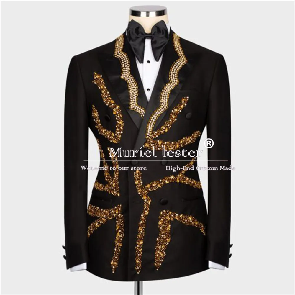 Sparkly Crystals Beaded Wedding Tuxedos Double Breasted 2 Pieces Set Groom Formal Party Prom Blazers Customized Suits Men Luxury