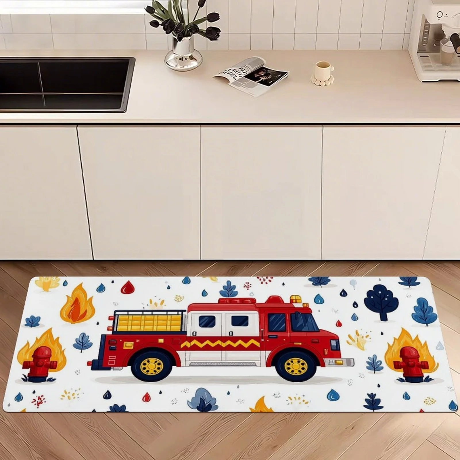 

Cartoon Fire Truck Print Kitchen Mat, Non-Slip Washable Durable Runner Rug for Kitchen, Bathroom, Laundry Room and Home Decor