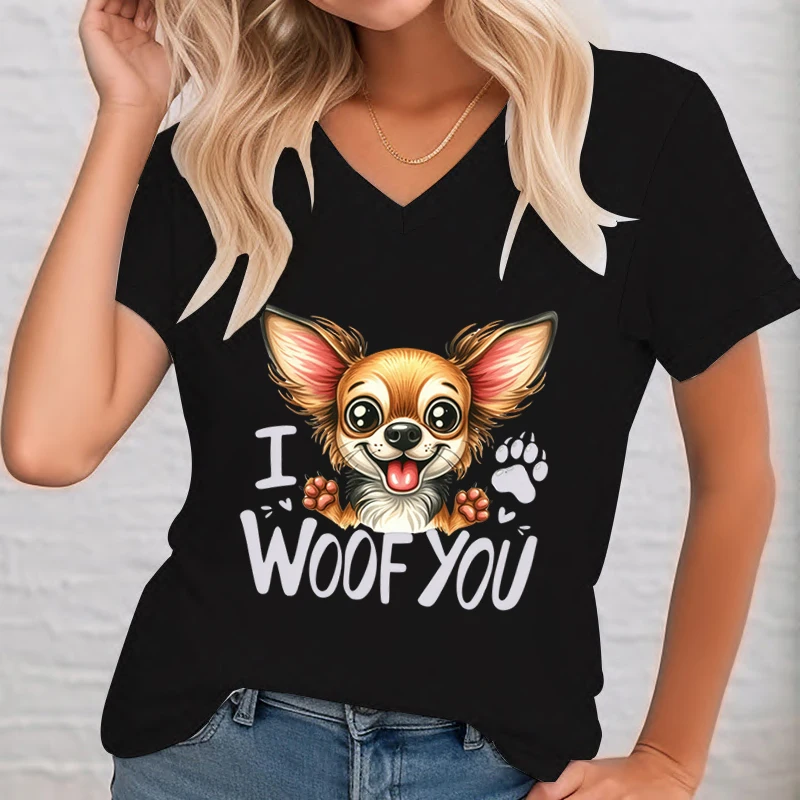 

I Woof You Graphic Tees Women Funny Chihuahua Paw Short Sleeve Tops Female V-Neck Dog Lover Gift Tshirt Cartoon Trend T-Shirts