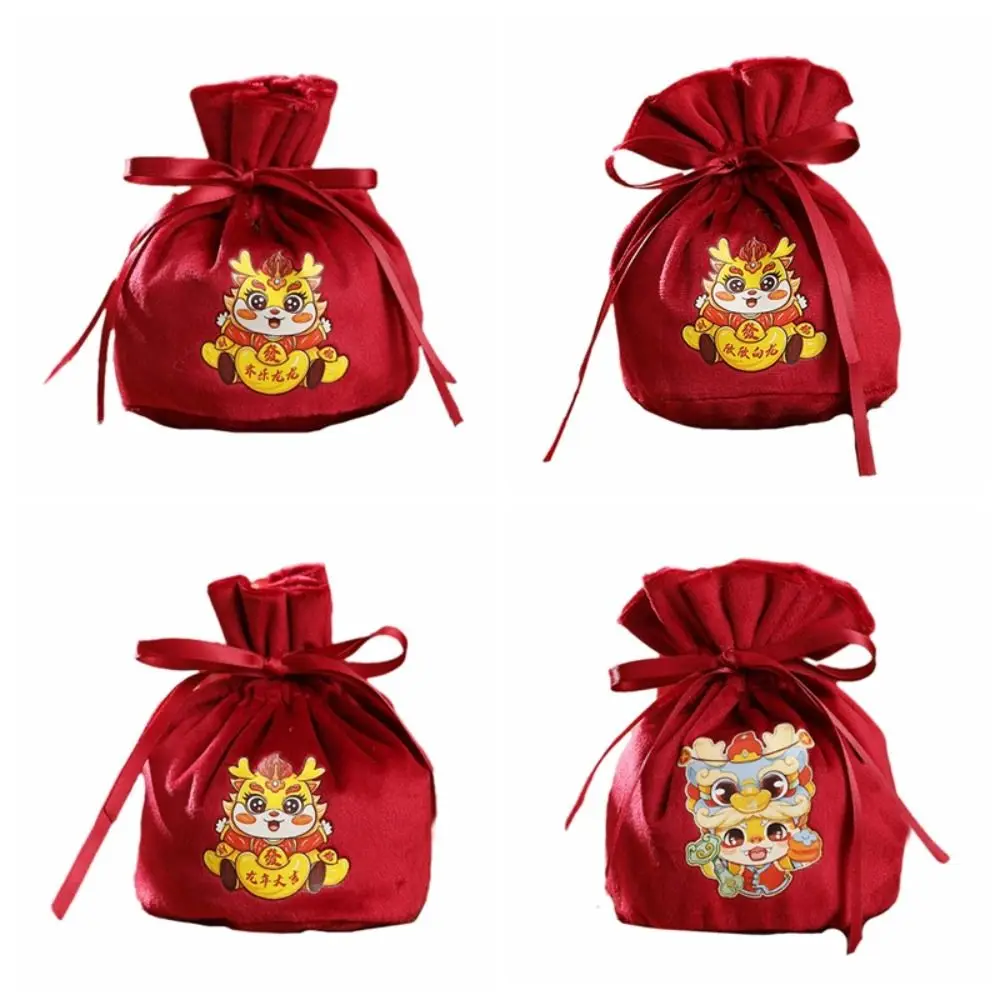 Ribbon Bow Dragon Bowknot Drawstring Bag Letter Chinese Style 2024 New Year Handbag Large Capacity Coin Purse Wallet