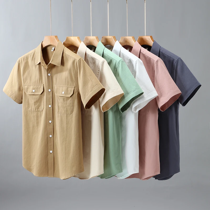

Double Pocket 100% Cotton Wash Shirts For Men Short Sleeve Solid Summer Quality Comfortable Fit Classic Casual Camisas De Hombre