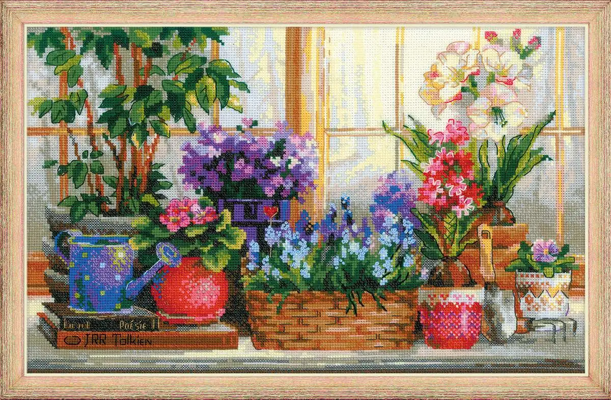 Flowers on the windowsill 50-35 DIY Needle Work Cross Stitch Set Counted Cross Stitch Kit  28ct 14ct 32ct Metallic cotton aida