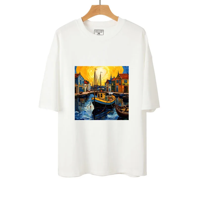 Retro Oil Painting Maritime City Ships Setting sun Iron On Transfer Art Sticker For Clothes T-shirt DIY Heat Transfer Patch DTF