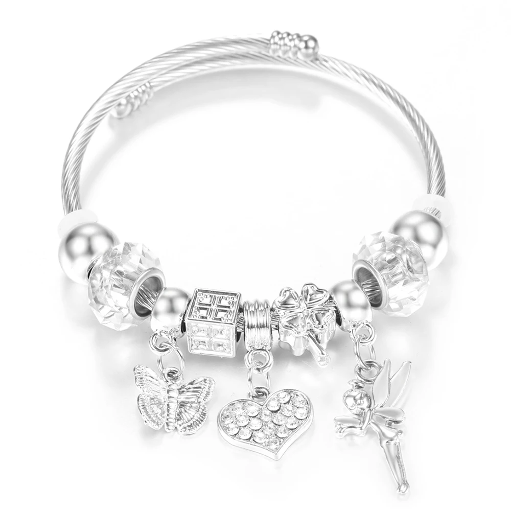 Neue Strass herzförmige Anhänger Edelstahl Perlen Armband 4 Farben hochwertige Verschluss Armreifen Frauen Armband Schmuck