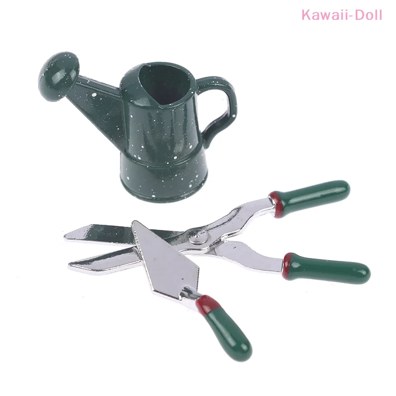 1Set 1: 12 Mini Metal Green Watering Pot Scissors Shovel Model Dollhouse Gardening Tool Set