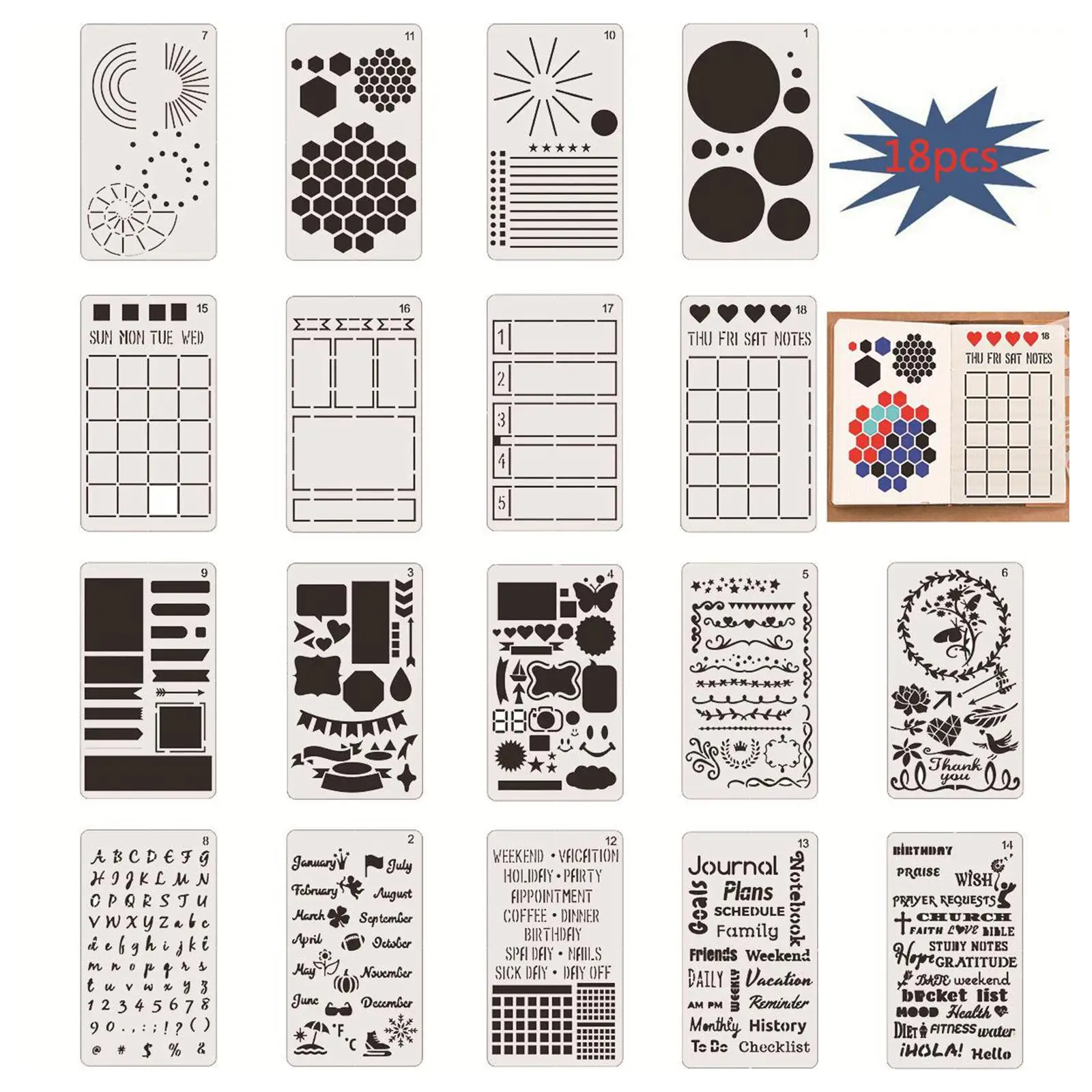 18 PCS Journal Stencil Plastic Planner Set for Journal Notebook Diary Scrapbook DIY Drawing Template Journal Stencils 4x7 Inch