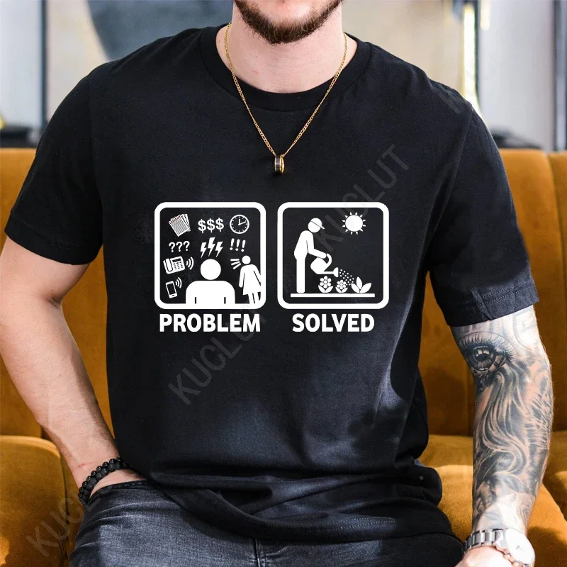 Men's Casual Fashion T-shirt Funny Gardening Funny Problem Solved Stickman Print Summer Tshirt O Neck Short Sleeve T-shirt Tops