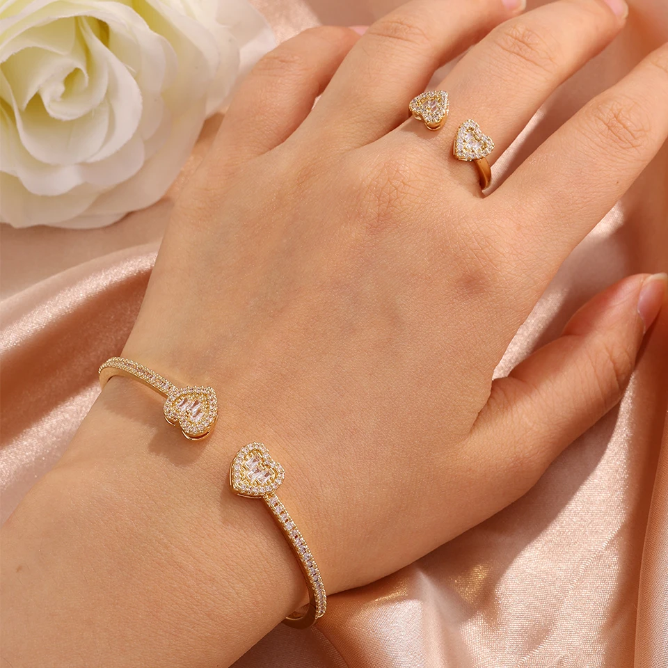 Yupsk 4-teiliges modisches Herz-Design-Armband-Ring-Set aus glänzendem Zirkon-Kupfer für Frauen, exquisiter, wunderschöner Schmuck für Hochzeiten und Partys – Detail 7