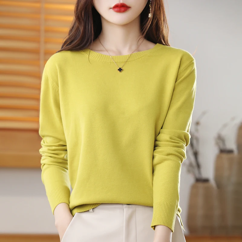 Sweter Pullover Leher Bundar Warna Solid Musim Gugur dan Musim Dingin Wanita Baru Sweter Rajut Lengan Panjang Atasan Dasar Serbaguna Kasual Sederhana