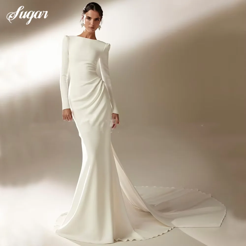 

Elegant Long Sleeves Mermaid Wedding Dress with Pleat Floor Length Bridal Sexy Backless Applique Delicate Customized Bride Gowns