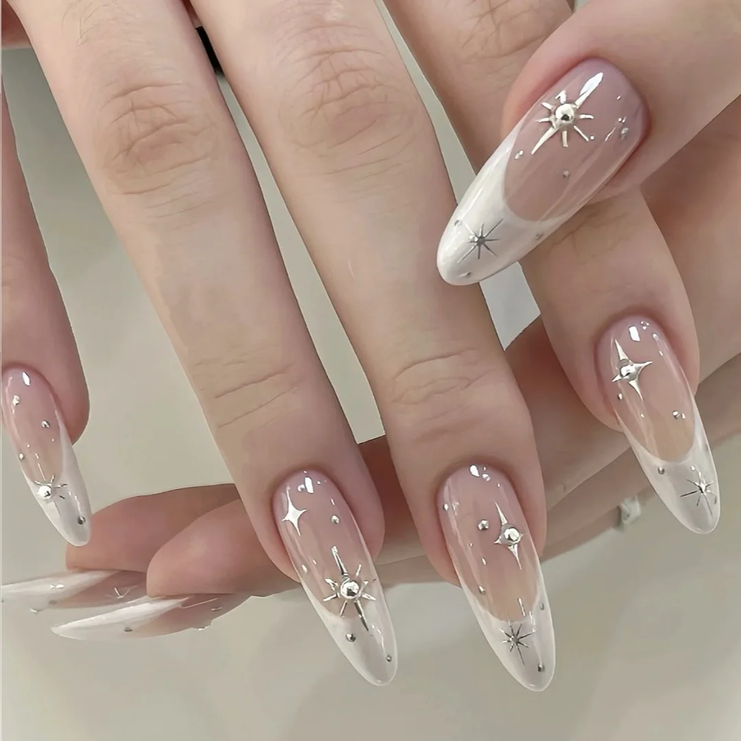 

10pcs Simple White French Handmade False Nails Sets Starlight Pattern Design Stick on Fake Nail Tips Long Almond Press on Nails