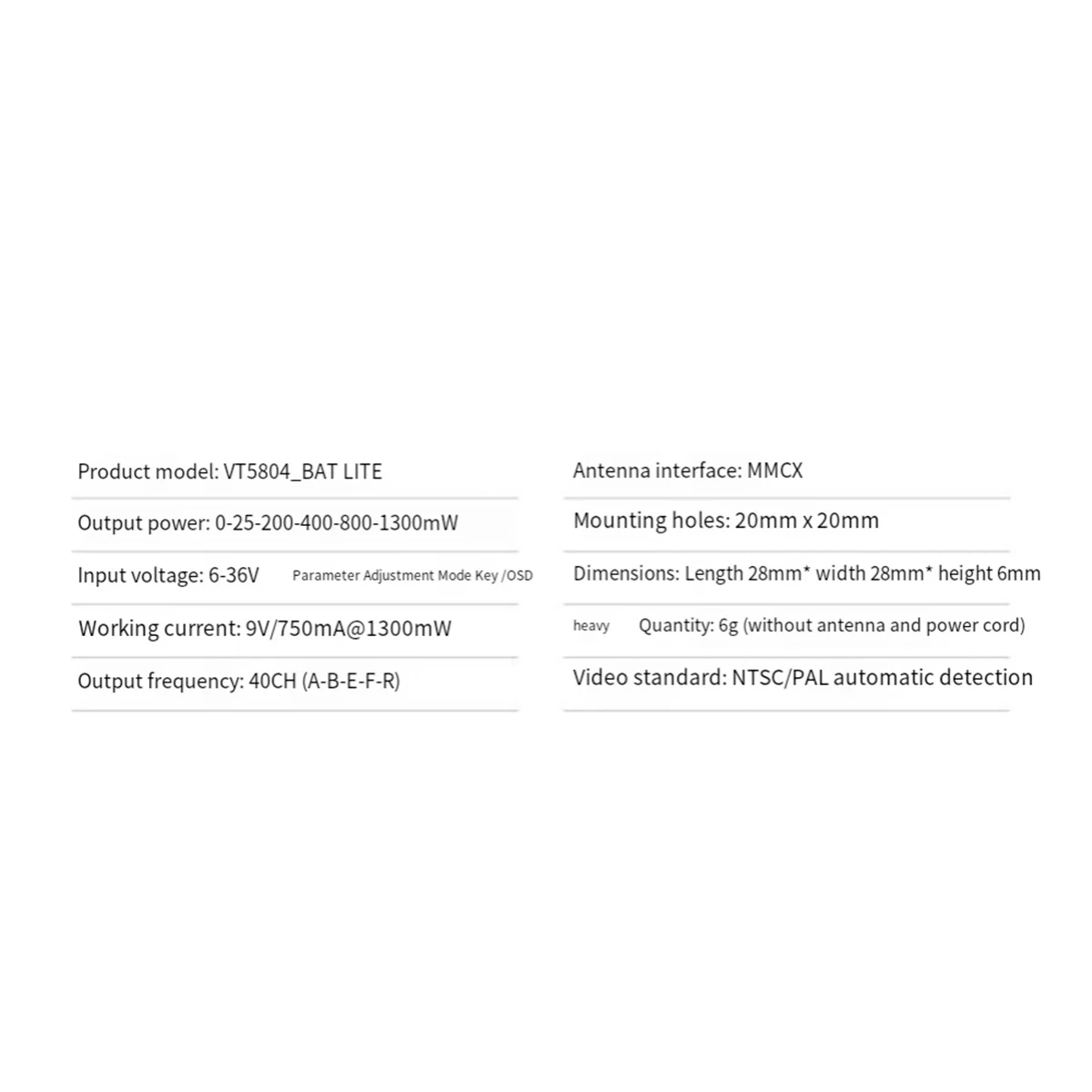 【Angebot!】 VT5804-BAT Lite 5,8 G 1,3 W Bildübertragung FPV Traversal Aircraft Luftaufnahmenmodul für RC Racing Drone