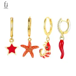 925 Sterling Silver Needle Cute Starfish/Shrimp Pendant Earrings Red Chili/ Star Enamel Gold Earrings For Women Fashion Jewelry