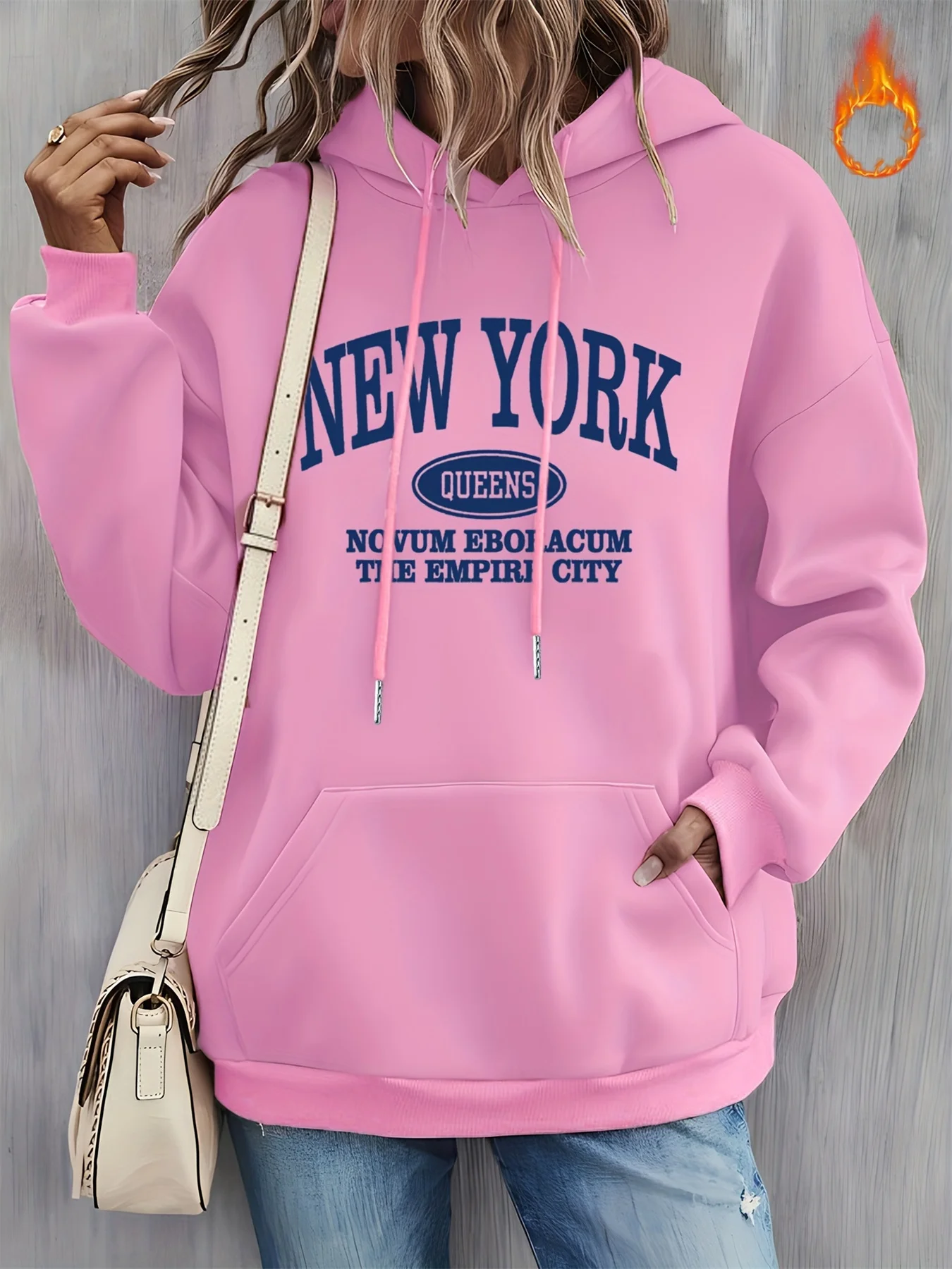 Damska bluza z kapturem, swobodny krój, nadruk z literami New York, okrągły dekolt, długi rękaw, edycja regularna na jesień i zimę.