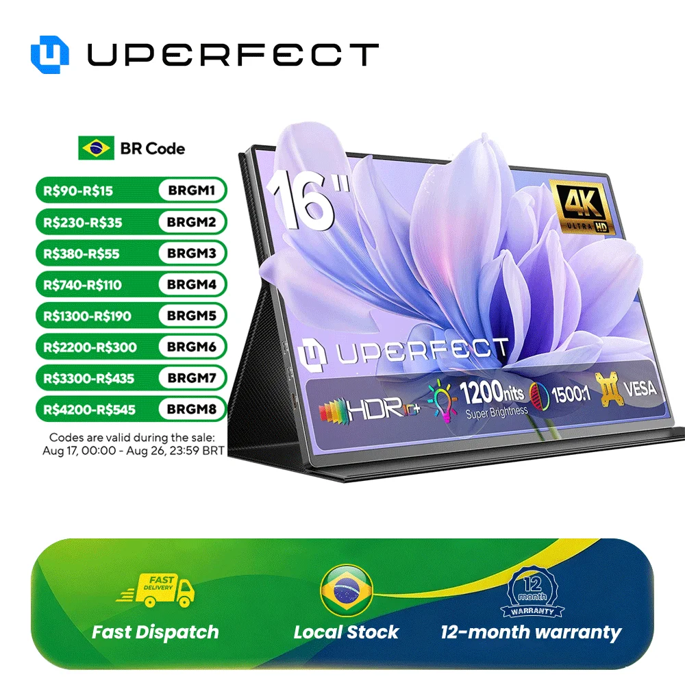 Monitor portátil UPERFECT True 4K de 16 polegadas UHD 3840×2160 100% sRGB USB-C HDMI, tela secundária externa, monitor de computador com alto-falantes para laptop, MacBook Switch PS5/4, Xbox, telefone para jogos estend