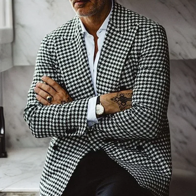 Double Breasted Houndstooth Blazer for Men Peaked Lapel Custom made Check Plaid Wedding Suit Jacket Male Fashion Coat 2024