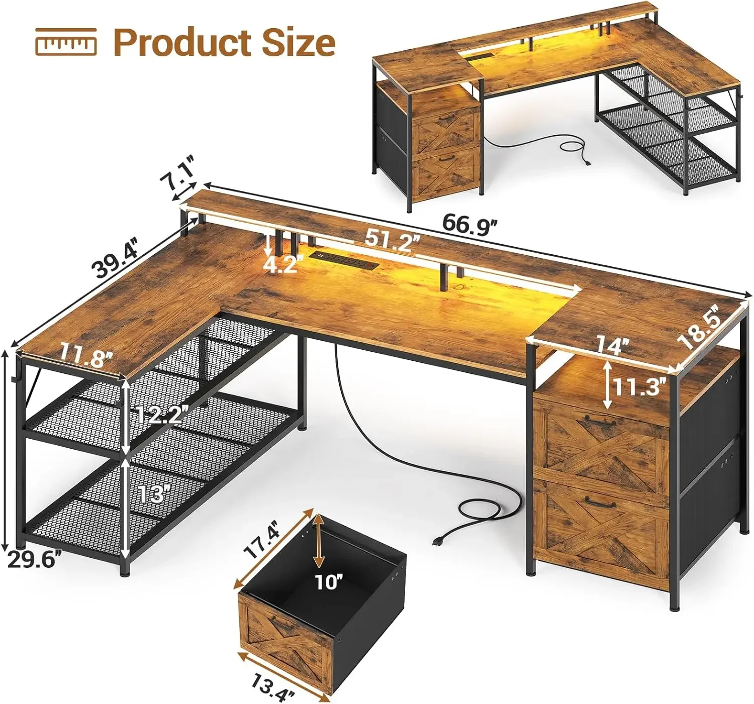 Escritorio de oficina para ordenador con estantes de almacenamiento y toma de corriente, escritorio Reversible para juegos con luces LED para oficina en casa, Marrón rústico