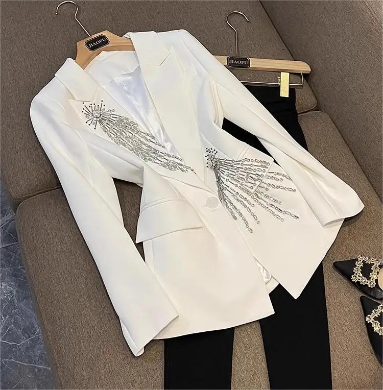 Elegant Style Lady Fine Workmanship Rhinestone Beading Office Wear Single Buttons Long Sleeve Women White Blazer