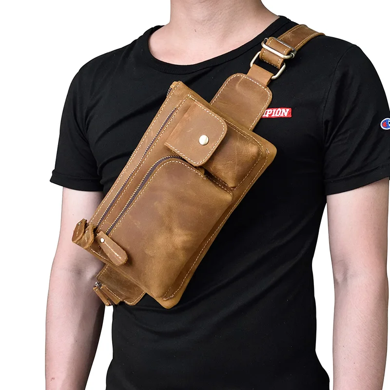 MAHEU Crazy Horse Men Waist Bag Real Leather Chest Bag Outdoor Casual Full Grain Leather Porable Gym Bags Messenger Bag Brown