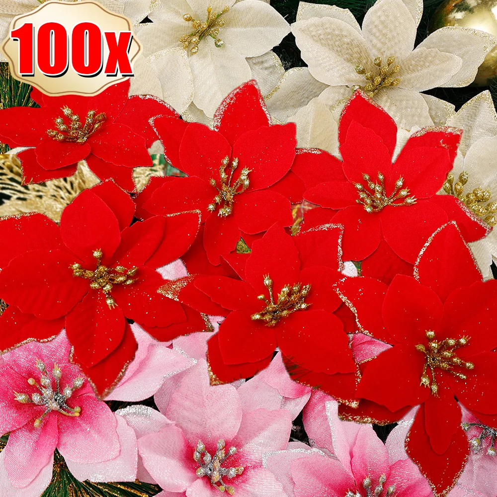 10/100pcs Artificial Glitter Christmas Flowers Red Fake Flower Florals Garland DIY Xmas Tree Ornament New Year Party Home Decor