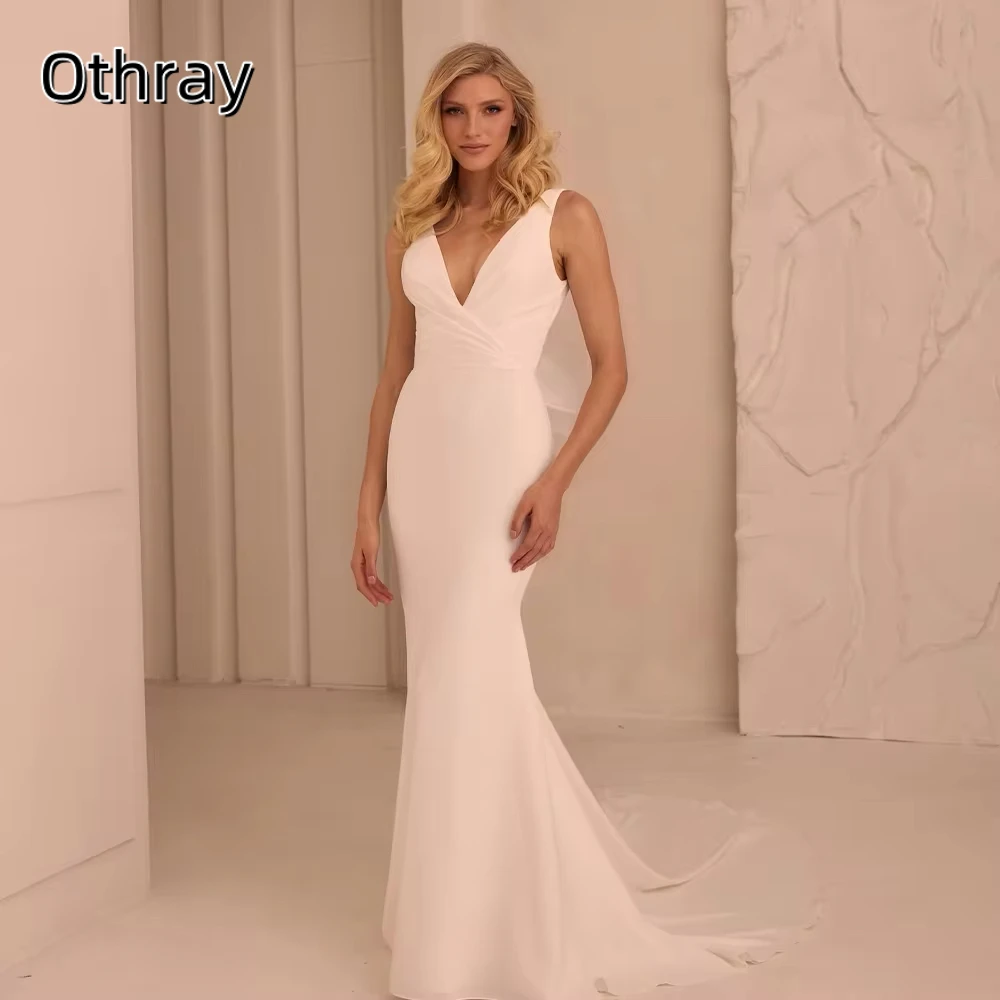 Othray moderne V-hals schede zeemeermin satijnen trouwjurken terug boog op maat gemaakte bruidsjurk vestido de noiva