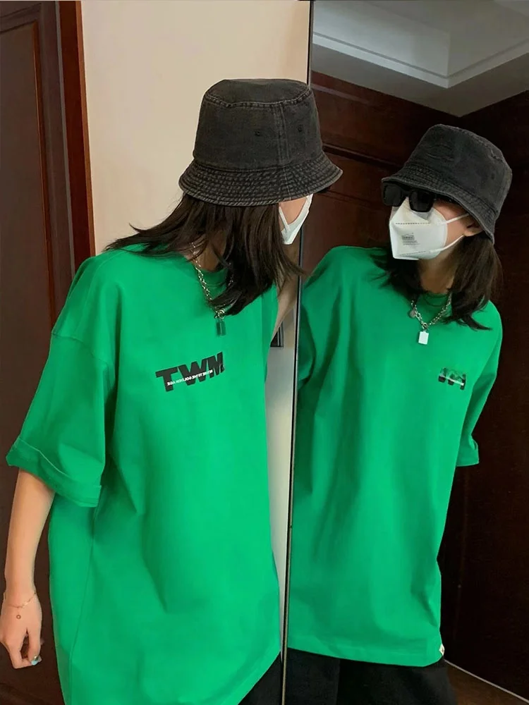 Plus Size Chic Green Short Sleeve T-Shirt Women\'s Loose Printed Summer Top Couple\'s Matching Hong Kong Style Korean Basic Design