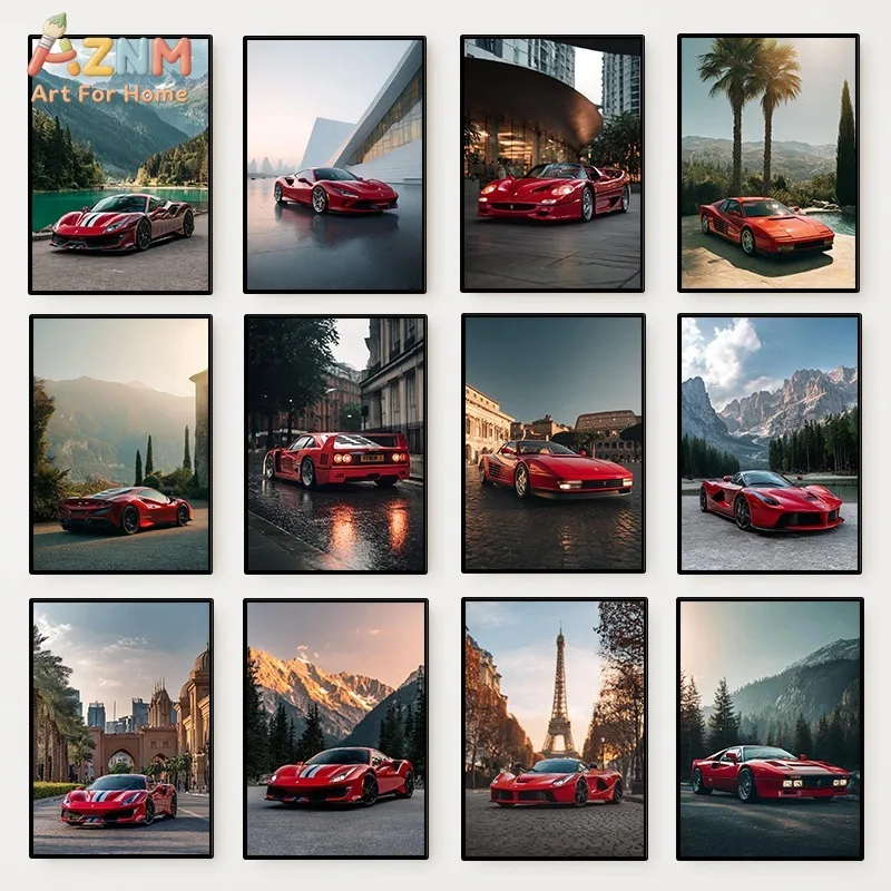 

AZNM Ferrari Supercar World Scenery Canvas Wall Art Unframed, Red Italian Sports Car with Mountain City Landscape Poster Artwork