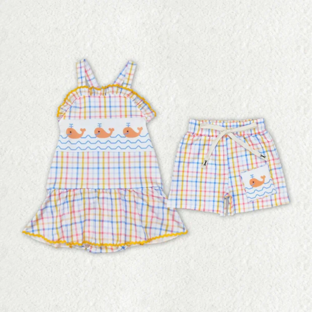 

Wholesale Summer toddler boys and girls whale blue and yellow plaid swimwear and shorts