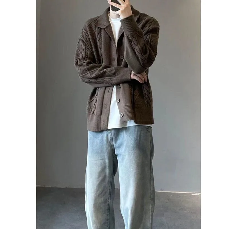 Осенне-зимний вязаный кардиган с воротником-стойкой, мужской свободный корейский универсальный однотонный свитер, куртка, топ
