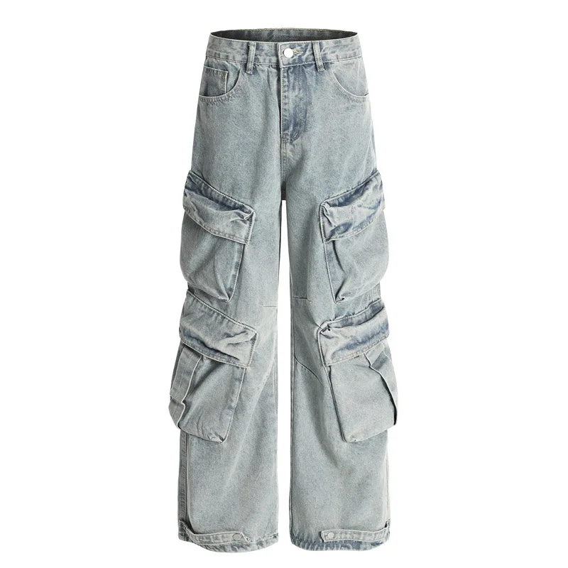 Vintage Hip Hop Cargo Jeans Pants Multi Pockets Loose Streetwear Denim Trousers For Male Patchwork