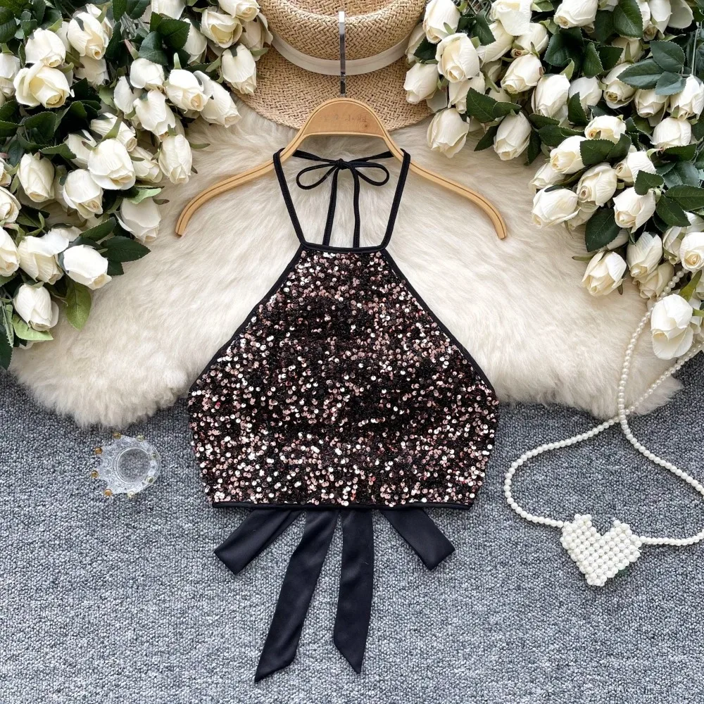 Women Chic Glitter halter PATCHWORK slip Camis Tank Top Basic Sexy Fashion Strap straps Off Shoulder Summer Women Crop Top