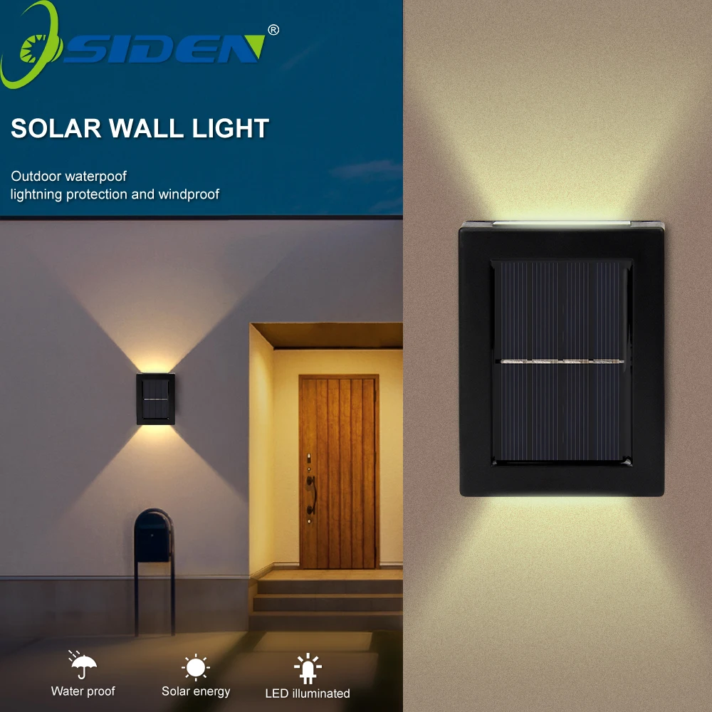 Luz Solar de pared para exteriores, 2 Led, Sensor de luz Solar rectangular, impermeable, para patio, garaje y porche